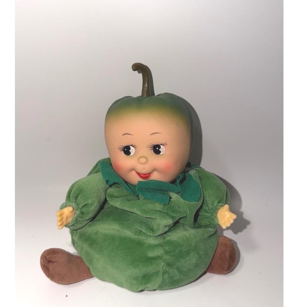 Vintage Small Small World Green Apple Fruit Baby Plush Vinyl Face Doll 8"